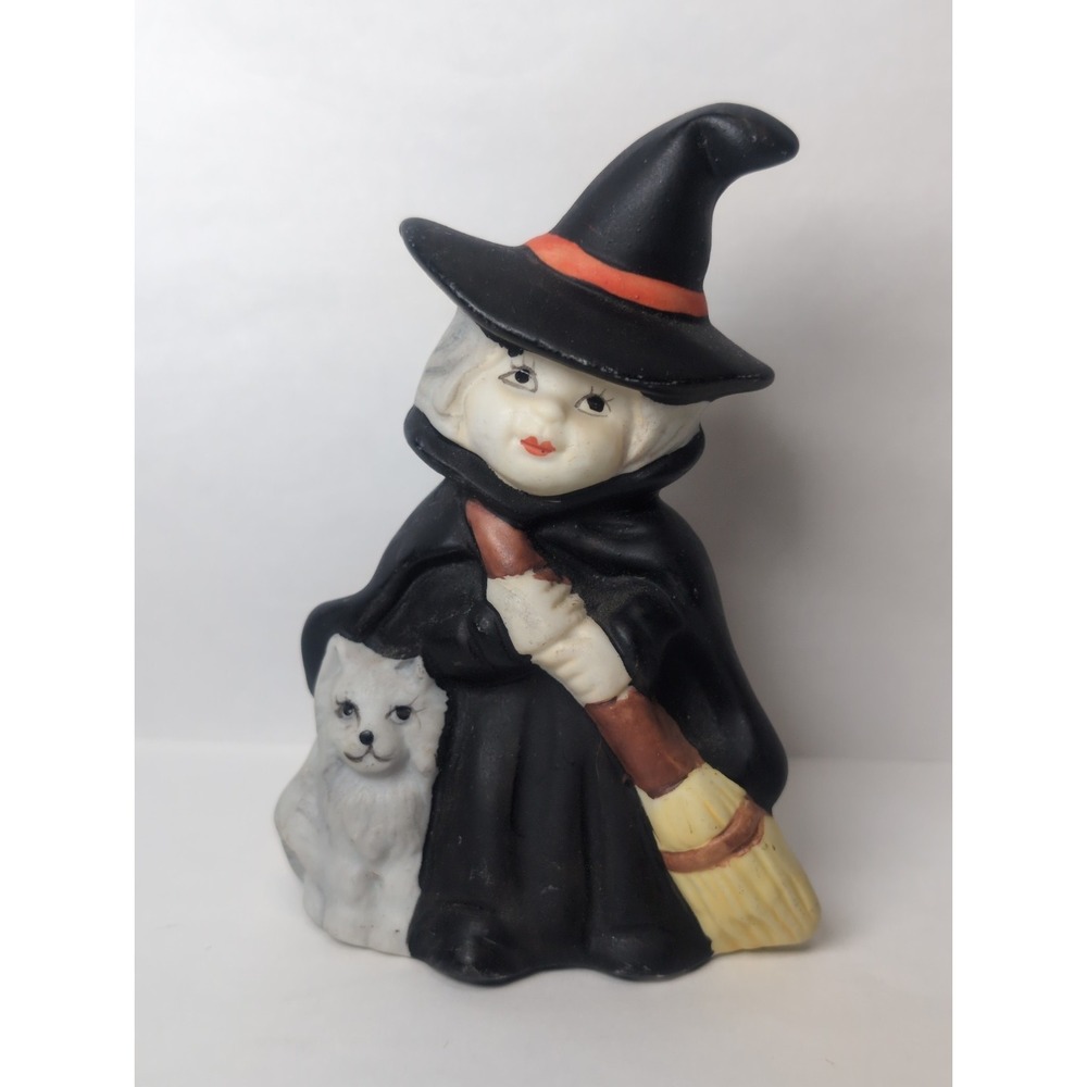 Vintage Halloween Witch Figurine Black Dress Broom W/ White Cat Ceramic 4 X 3"